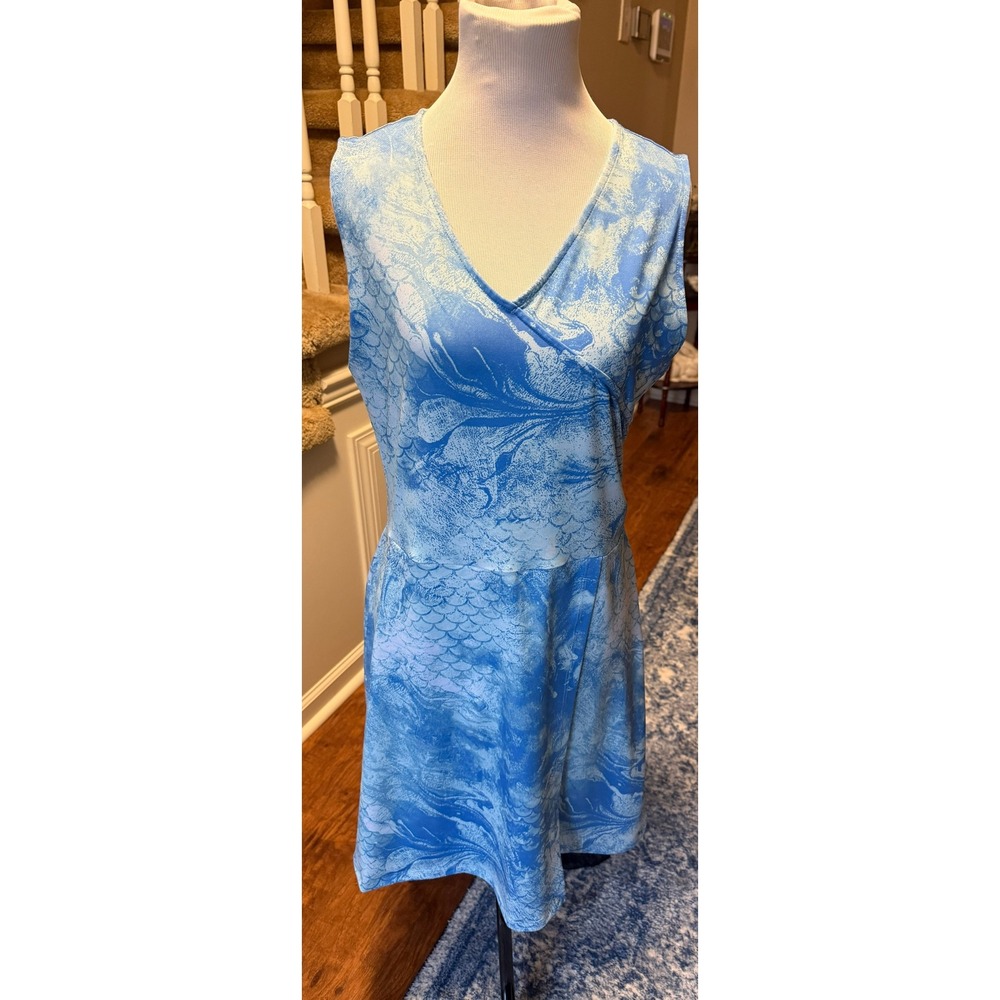 Silver Bait Womens Blue White Mermaid Scale Print V-Neck Sleeveless Dress Medium